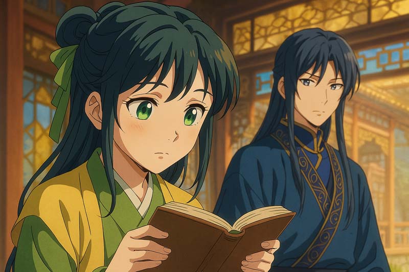 『薬屋のひとりごと』の世界観を表現した、後宮の室内で本を読む少女と青年のアニメ風イメージイラスト