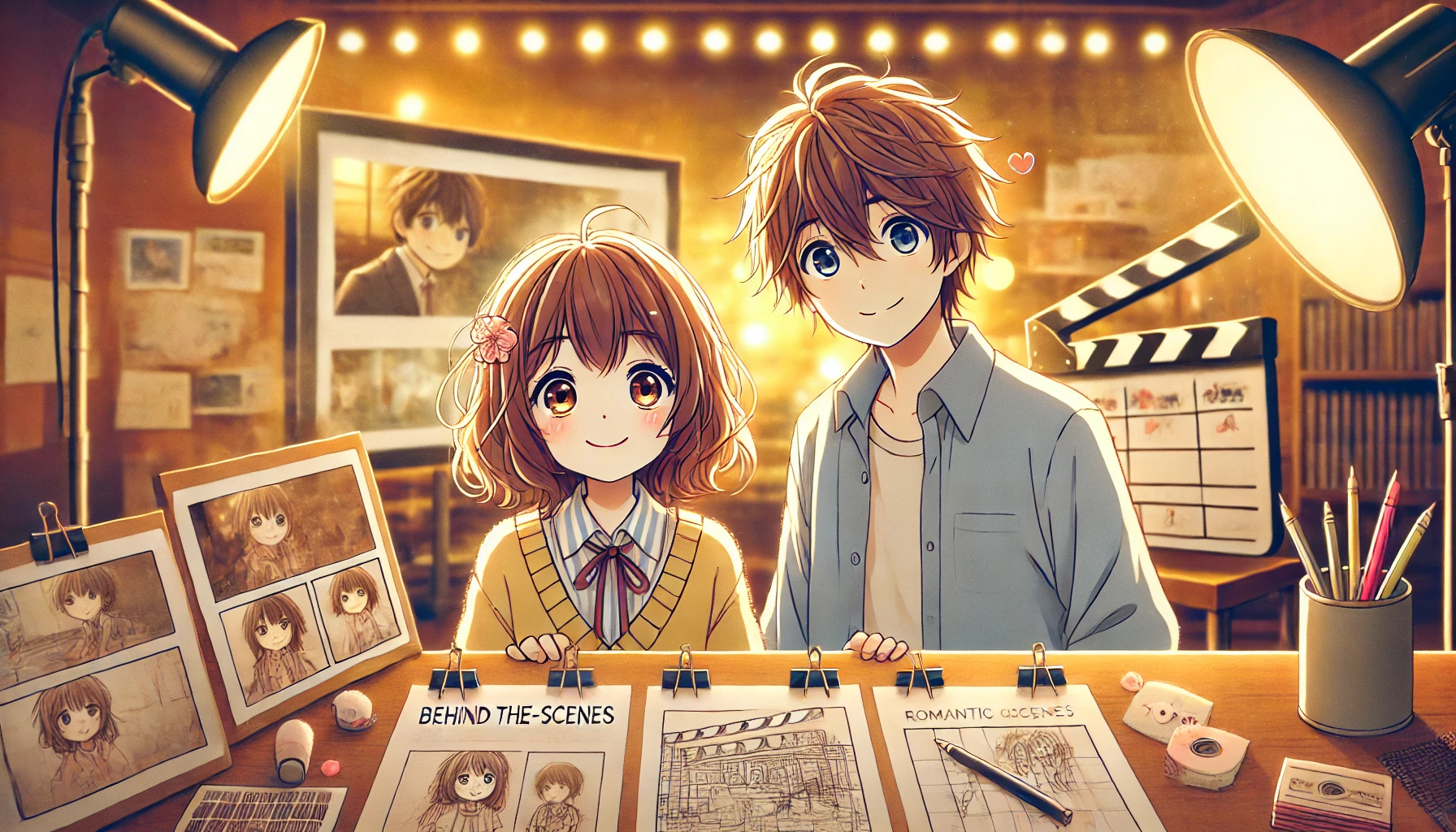 アニメ風の制作現場に立つ、笑顔のまぁるい顔の女の子と、少し不器用そうな優しげな男の子。背景にはスケッチやストーリーボードが並び、温かい照明の中で制作の舞台裏が感じられるシーン。