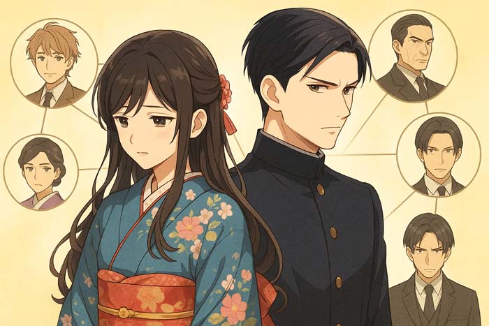 『わたしの幸せな結婚』斎森美世と久堂清霞を中心に、主要キャラクターたちがつながる相関図風イラスト