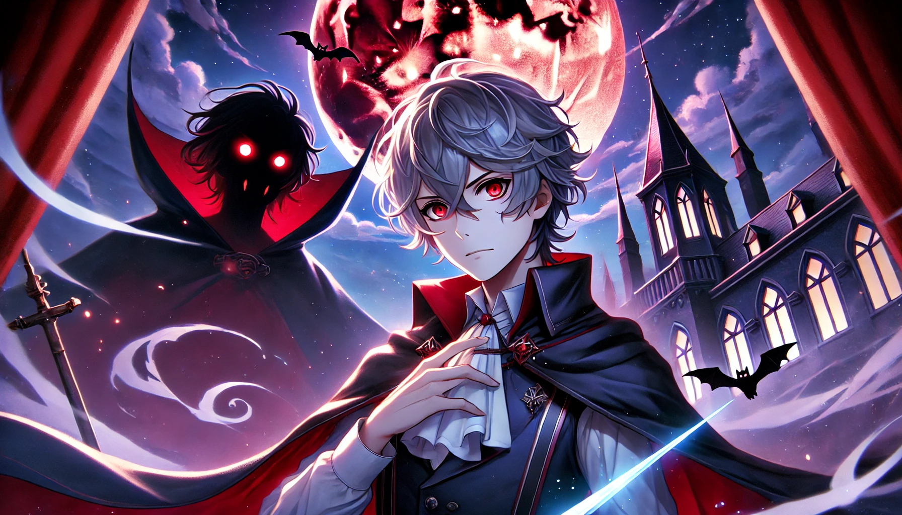 「吸血鬼の少年と満月に浮かぶ不気味な影が描かれた幻想的なビジュアル。ダークファンタジーの世界観を表現したイメージイラスト」