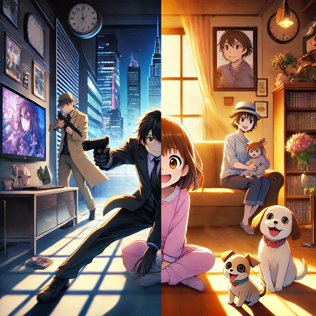 アニメ風のイラストで、左側には暗い都市背景の中でスパイが任務を遂行する緊張感のあるシーン、右側には温かな家庭内で少女と犬が穏やかに過ごす場面が描かれ、両者が中央で自然に繋がっている。